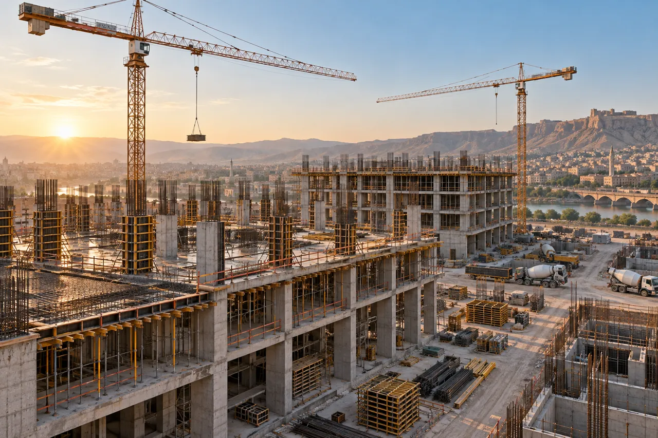 Betonarme yapı şantiyesi ve kule vinçler — temsili mühendislik görseli